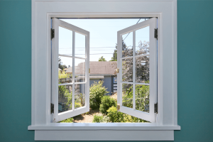 Opened white uPVC french windows