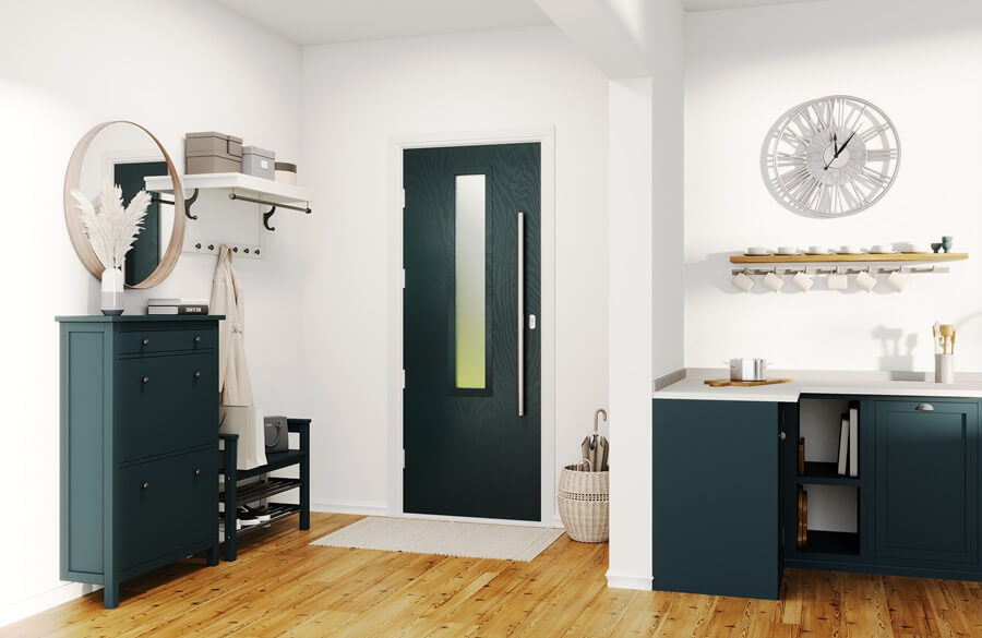 Interior view of a modern home with an anthracite grey composite front door featuring a vertical glass panel.