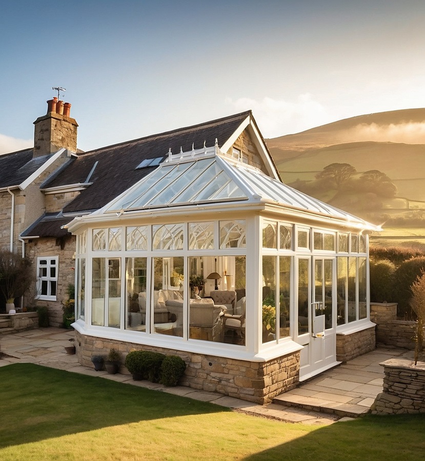 Stunning Edwardian conservatory with a glass roof, attached to a traditional Devon thatched cottage.