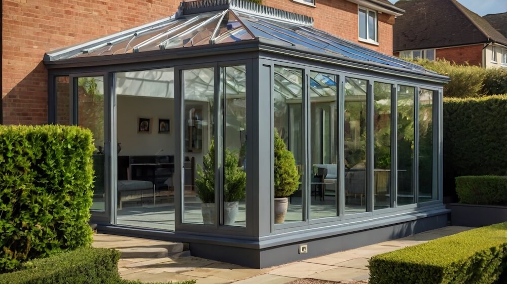 Modern Edwardian-style conservatory with a glass roof, attached to a contemporary home in Devon.