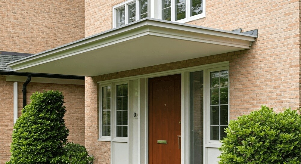 Modern over-door canopy on a brick house entrance with a timber door and sidelight windows