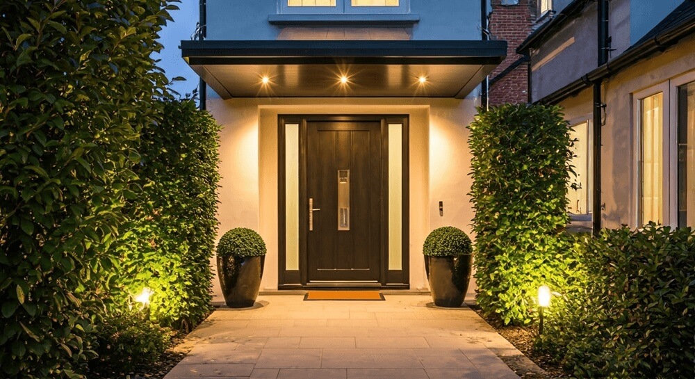 A black composite front door with a modern over-door canopy featuring built-in lighting, framed by greenery and illuminated garden lights.