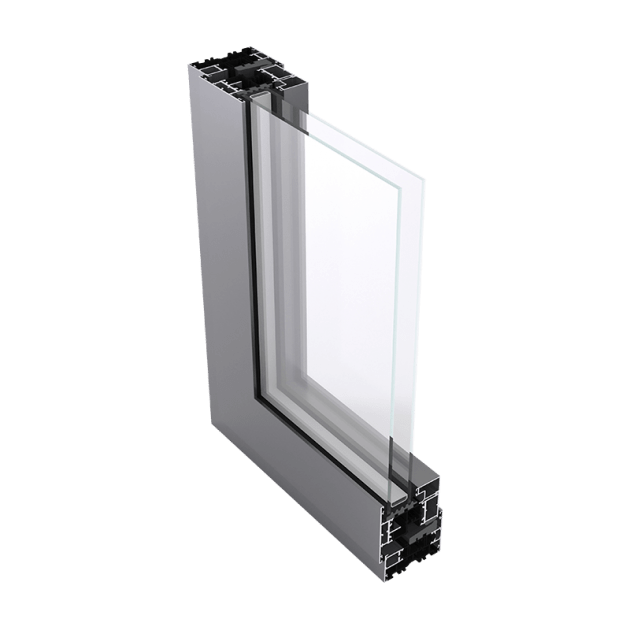 Cross-section of an AluK C70S aluminium window, highlighting thermal break and double glazing for improved insulation.